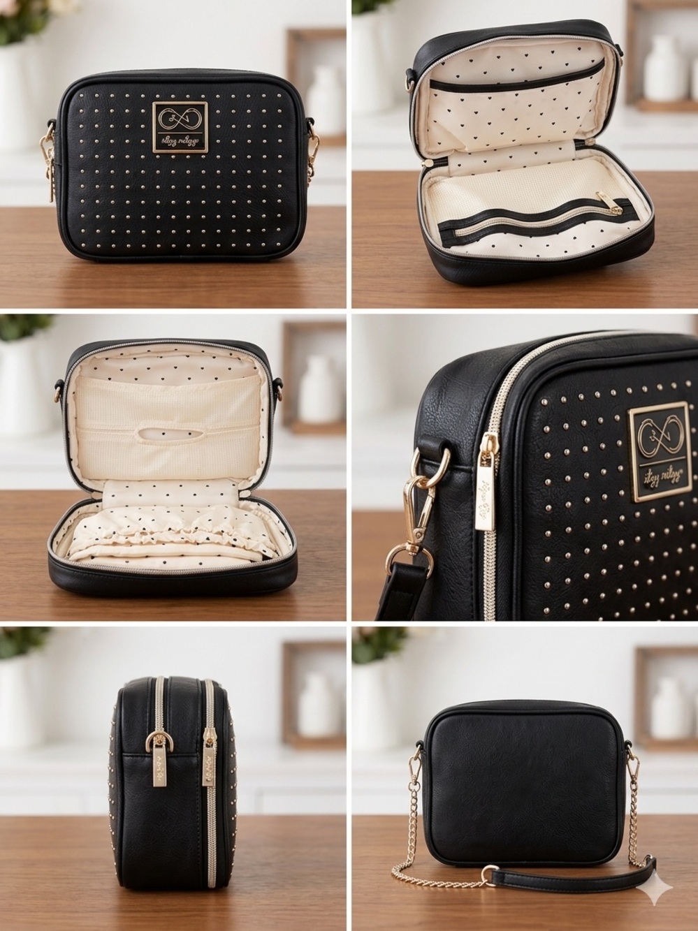 Itzy Ritzy Small Black Studded Crossbody Bag with Gold Hardware